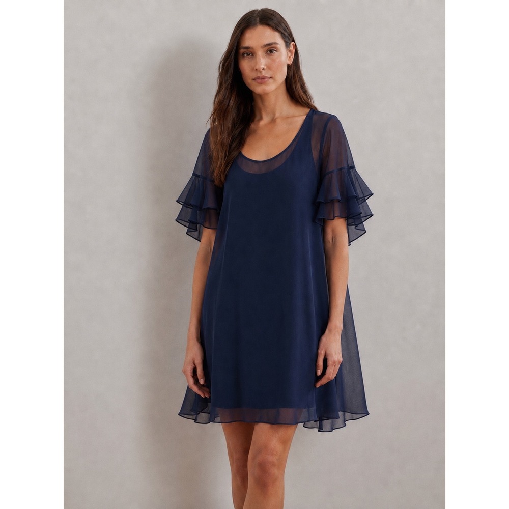 Lauren Ralph Lauren Navy Blue Tiered Ruffle Sleeve Georgette Shift Dress
